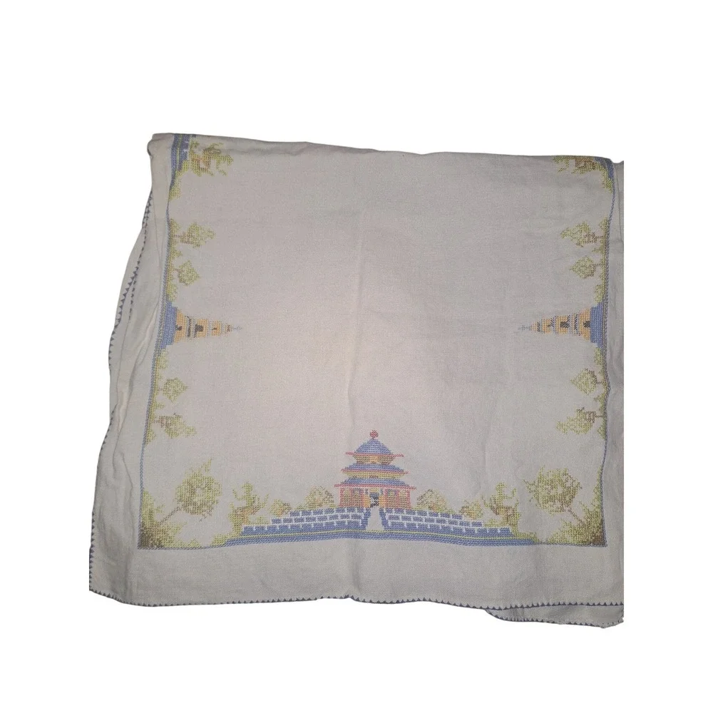 Vintage Pagoda Cross‎ Stitch Linen Tablecloth Oriental Chinoiserie White Blue